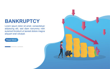 bankrupt concept with declining money graph and person carrying piggy bank.