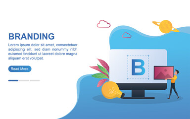 branding concept with letter B on screen and people carrying pictures.