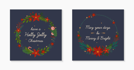 Fototapeta na wymiar Set of Christmas and Happy New Year holiday wreaths.Festive vector layouts with hand drawn traditional winter holiday symbols.Xmas trendy designs for banners,invitations,prints,social media.