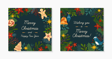 Set of Christmas and Happy New Year greeting banners templates.Festive vector layouts with hand drawn traditional winter holiday symbols.Xmas trendy designs for banners,invitations,prints,social media