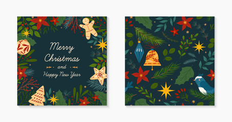 Christmas and Happy New Year greeting banner and seamless pattern.Festive vector layouts with hand drawn traditional winter holiday symbols.Xmas designs for banners,invitations,prints,social media.