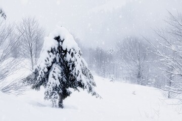 Harsh winter landscape beautiful snowy fir trees