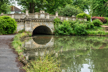 Fototapeta na wymiar The lake and bridge in Pittville Park in Cheltenham in Gloucestershire, England