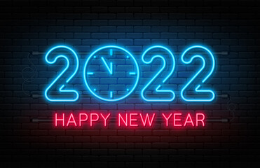 Naklejka na ściany i meble Happy New Year 2022. New Year and Christmas neon signboard with glowing text and numbers. Neon light effect for background, banner, poster and greeting card