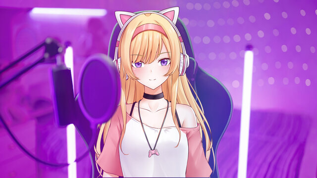 Virtual gamer vtuber anime girl on streaming to fans from girly pink bedroom
