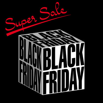 Affiche pour les soldes compos&eacute;e d&rsquo;un cube 3D blanc o&ugrave; sont inscrit en noir les mots Black Friday. 
