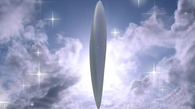 UFO hovers over ocean surface causes low tide. Clouds in sky