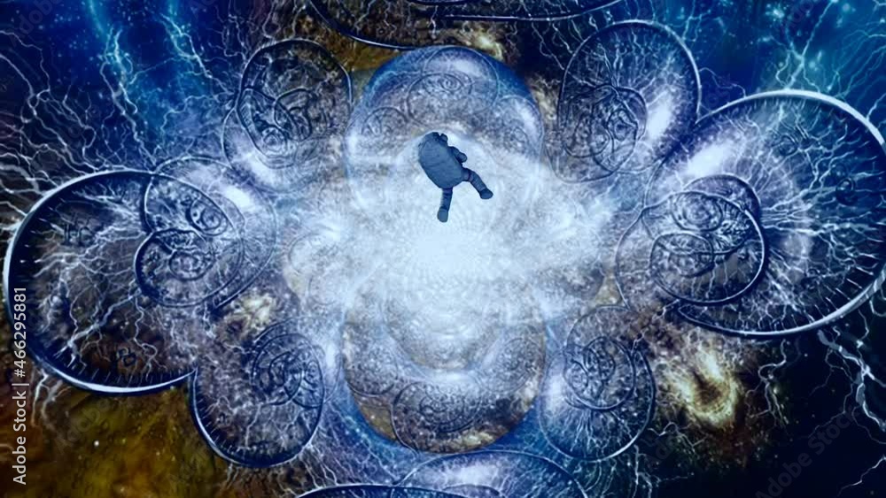 Poster astronaut in endless spaces. bright galaxy and time spirals