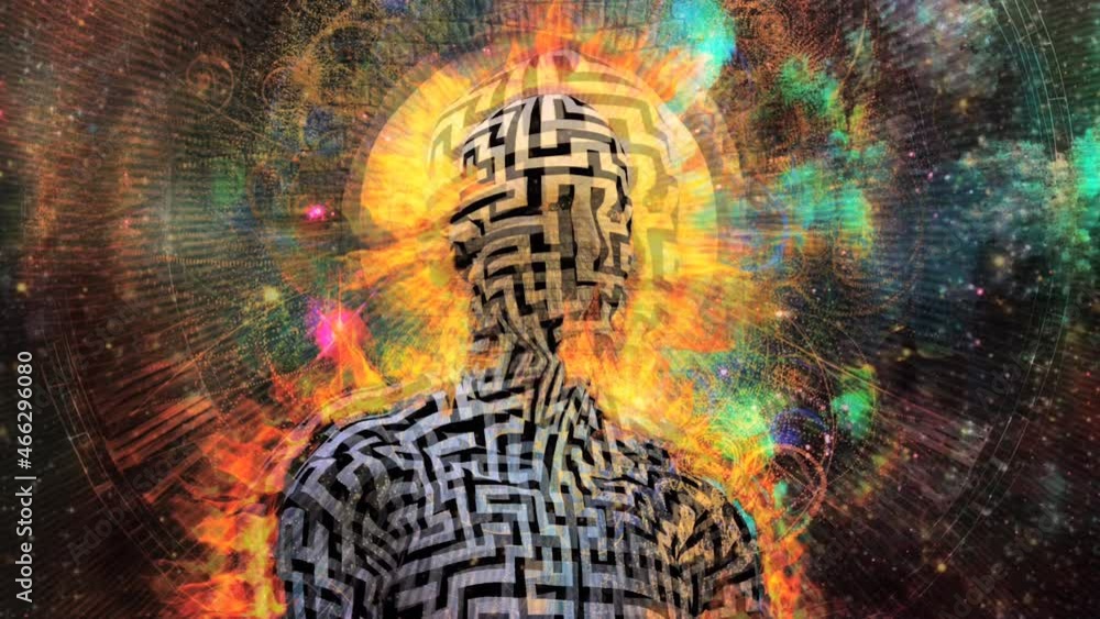 Poster burning man with maze pattern. clock face and vivid universe background