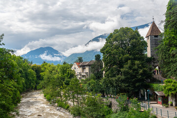 Fototapeta premium View of the city of Merano, at the entrance to the Passeier Valley and the Vinschgau, South Tyrol, Italy