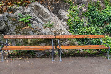 Idyllic Corners with benches along the Gilf Promenade in Merano, Italy - obrazy, fototapety, plakaty