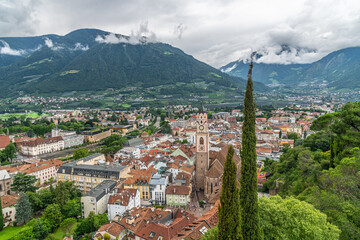 Fototapeta na wymiar View of the city of Merano, at the entrance to the Passeier Valley and the Vinschgau, South Tyrol, Italy
