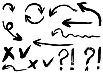 Grunge hand drawn vector arrows. Dry brush strokes, free hand drawing, isolated