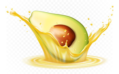 Fresh avocado fruit juice splash, realistic isolated 3d vector illustration