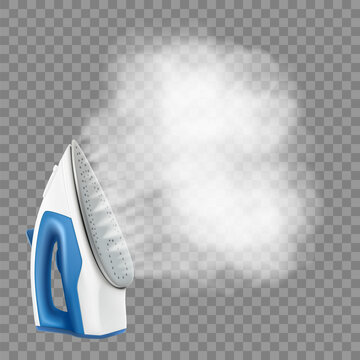 Iron with cloud of steam isolated on transparent background, realistic 3d vector illustration