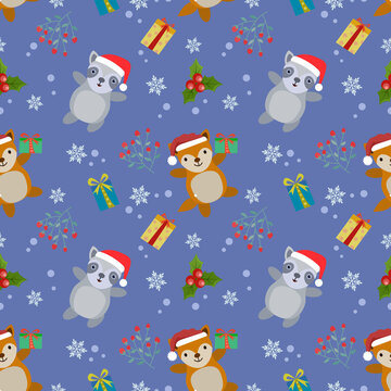 Cute raccoon and fox on Christmas element background.