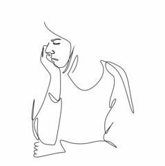 continuous drawing with one line the face of a thoughtful woman
