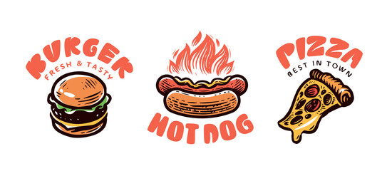 Fast food logos set. Burger, pizza, hot dog emblems for restaurant, cafe menu. Vector illustration