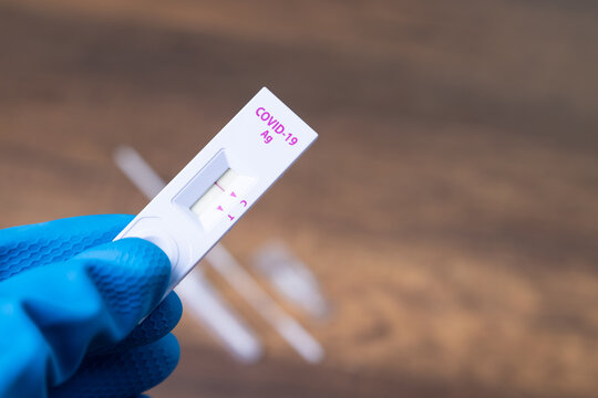 Hand with glove holding Rapid kits of Covid-19 Ag test or ATK