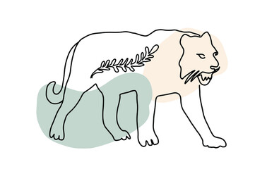 Walking snarling tiger abstract line art with floral elements. Modern illustration. Poster wall art desin.