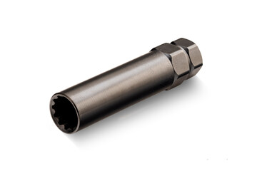 secret key puller head tool for tightening and screwing wheel nut or bolt fasteners black metal color steel isolated