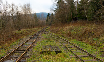 Fototapeta na wymiar An old railway line in Bieszczady, Poland. Late autumn in the mountains.