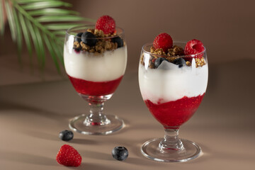 Bowl of granola with yogurt, milk and fresh raspberries, blueberries, mango for a healthy breakfast on the dark background