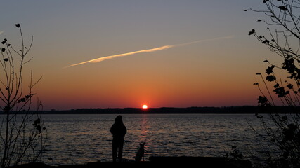 Fototapeta premium White mongrel dog and a girl greet the sunrise by the lake