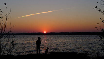 Fototapeta premium White mongrel dog and a girl greet the sunrise by the lake