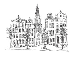 Liner sketch of houses in Amsterdam, Holland, hand drawing sketch, graphic illustration. Urban sketch in black color isolated on white background. Hand drawn travel postcard. Travel sketch.