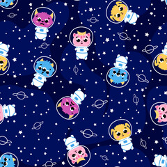 Cute alien monsters astronaunt flying around in outer space, seamless pattern on dark background with stars