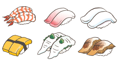 にぎり寿司6種類セット（えび、はまち、イカ、たまご、えんがわ、あなご）