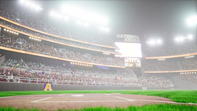 Empty night baseball and cricket arena with fans in fog and illuminated by spotlights 3d render. High quality 4k footage