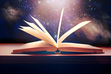 Old opened book on table with magic smoke, light and falling stars overlay on background. Book with...