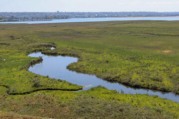 Fototapeta na wymiar The Mission Bay, San Diego River, Estuary Preserve, where the River meets the Bay In San Diego, California