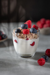 Bowl of granola with yogurt, milk and fresh raspberries, blueberries, mango for a healthy breakfast on the dark background