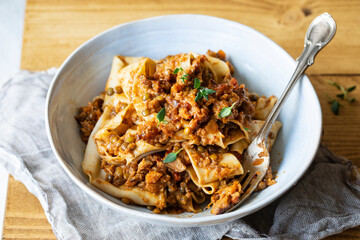 Home made pasta with vegan lentil ragu