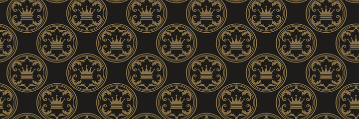 Beautiful background image in royal style with golden elements on black background for your design. Seamless background for wallpaper, textures. Vector illustration.