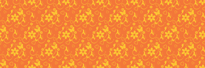 Beautiful background image with flowers, leaves and butterflies on an orange background for your design. Seamless background for wallpaper, textures. Vector illustration.