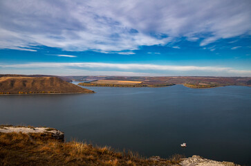 Fototapeta premium Beautiful view of Bakota Bay on the Dniester River in autumn day.