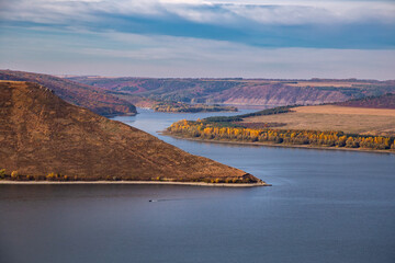 Beautiful view of Bakota Bay on the Dniester River in autumn day.