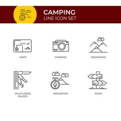 Camping Icon Set Vector Template, Expedition and traveling concept Line Icon Set.