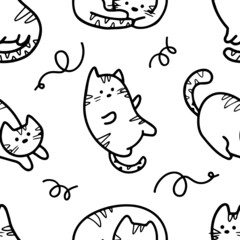 Vector seamless pattern with cute cats in doodle style.