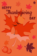 Happy Thanksgiving card with autumn maple leaves. Vector graphics. Design for printing.