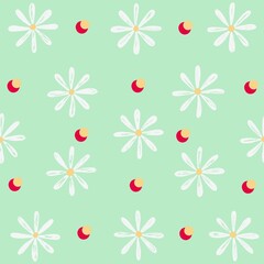 Daisies pattern in a retro style on a light green background with red-yellow accents