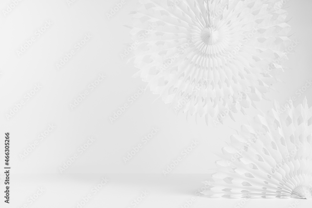 Poster white abstract scene for presentation of produce with circle paper carved white fans on table in min