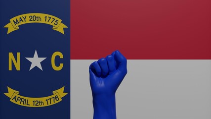 A single raised blue fist in the center in front of the US state flag of North Carolina