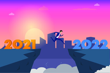 Business in new year vector concept. Male manager jumping gap on the cliff from 2021 to 2022 numbers with sunrise background