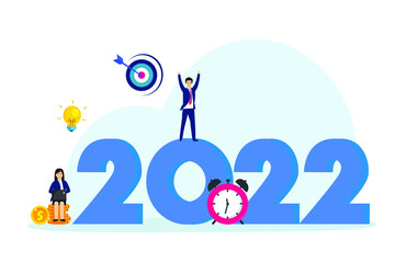New year vector concept. Two business people looks happy while working with 2022 numbers in the office