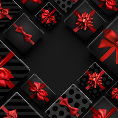 Gift boxes with red bow frame background.